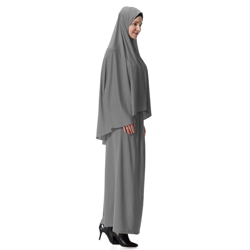 XINFU Muslim Islamic Women's khimar 2pcs Sets Soft Distinctive Prayer Dress Hijab Abaya Suit - Gray, Medium - Image 3
